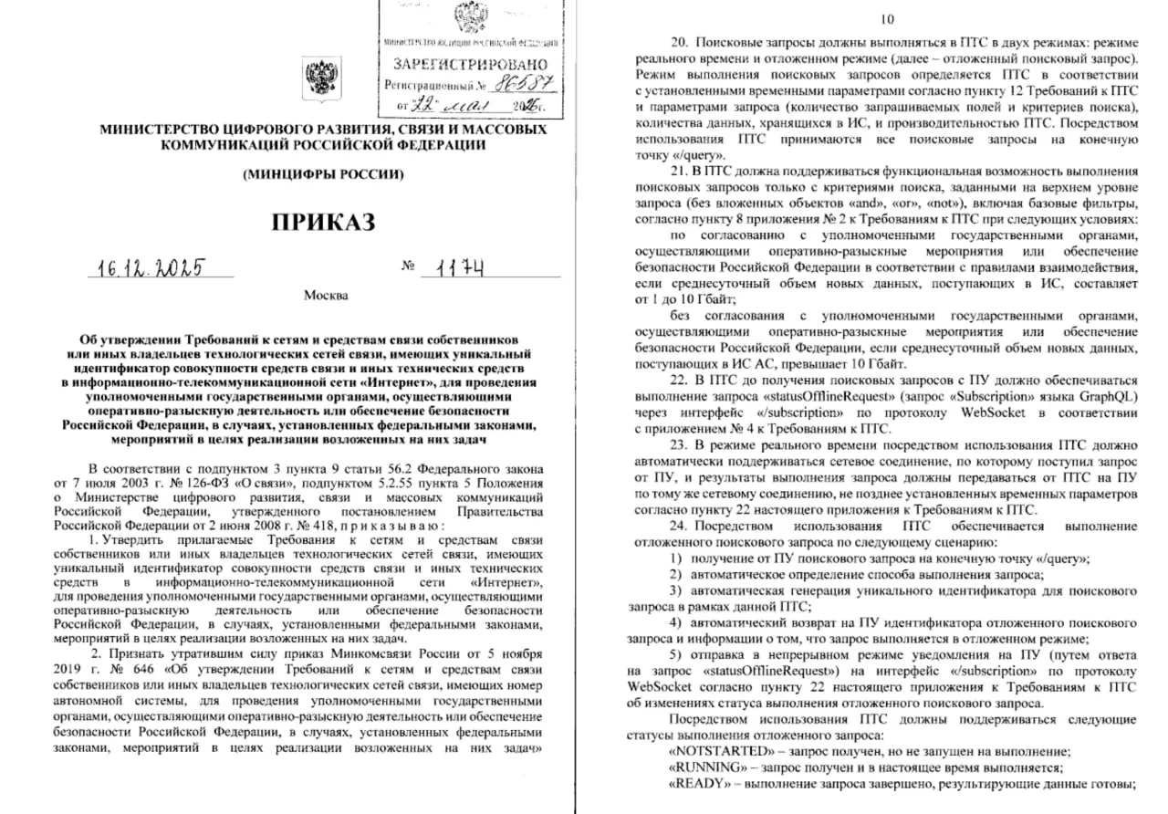 Приказ Минцифры №1174, вступающий в силу 3 июня, расширяет перечень данных, которые операторы связи и владельцы корпоративных сетей обязаны предоставлять силовым ведомствам — от IP и IMEI до содержимого переписки и круглосуточного удалённого доступа.