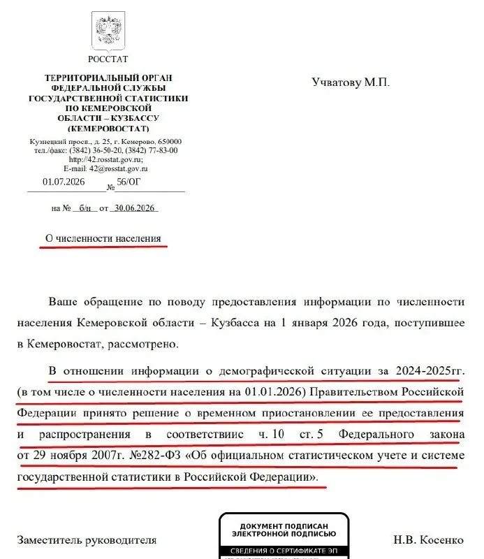 Правительство РФ временно приостановило предоставление официальной статистики о численности населения регионов; в Кемеровостате сослались на изменения в законе 2023 года, которые дают правительству право ограничивать доступ к таким данным.