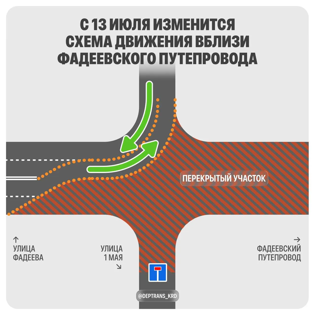 Из‑за реконструкции с 13 июля запретят правый поворот с улицы Фадеева на 1 Мая в сторону Крупской; троллейбус №7 и автобус №30 пойдут по изменённым маршрутам. Ограничения продлятся около трёх недель.