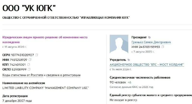 Управляющая компания холдинга перешла под контроль АО «БТС‑Мост Холдинг», связанному с Русланом Байсаровым. Ранее активы управляющей компании находились в собственности государства после национализации год назад. На аукционе было продано 67,2% акций за 93,16 млрд ₽ при стартовой цене 162 млрд ₽; после сделки компания получила название ГК «БТС‑Золото», новым гендиректором стал Олег Ширяев. ЮГК входит в топ‑10 золотодобывающих компаний России.