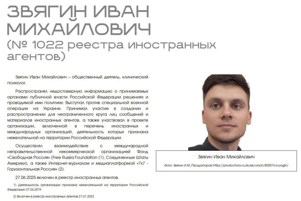 Иван Звягин требует защиты прав и оспаривает публичную классификацию Министерства юстиции, которая, по его словам, дискриминирует по профессиональному признаку и нарушает презумпцию невиновности.