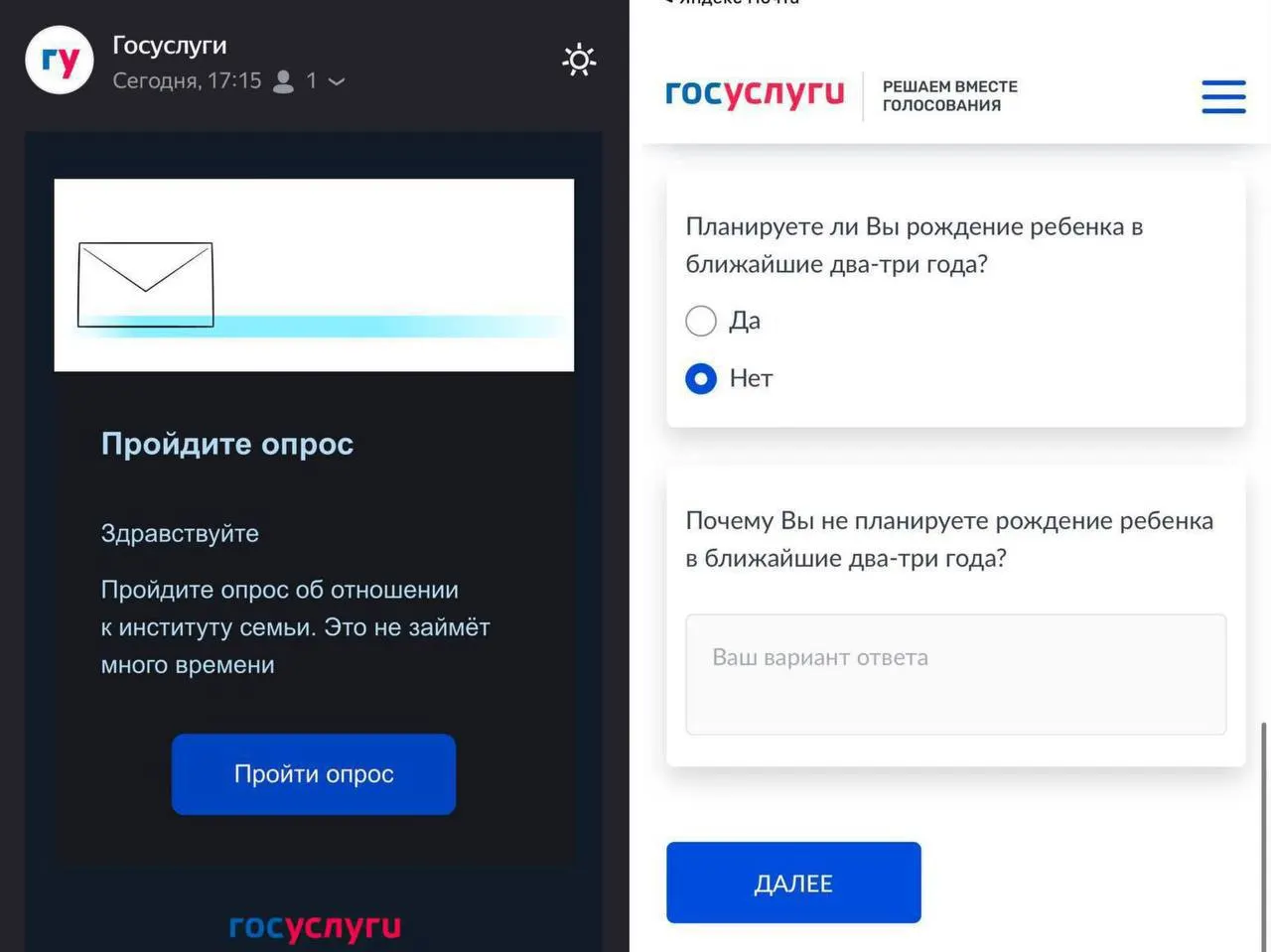 Опрос на портале госуслуг касается планов рожать в ближайшие 2–3 года и причин, мешающих этим планам.