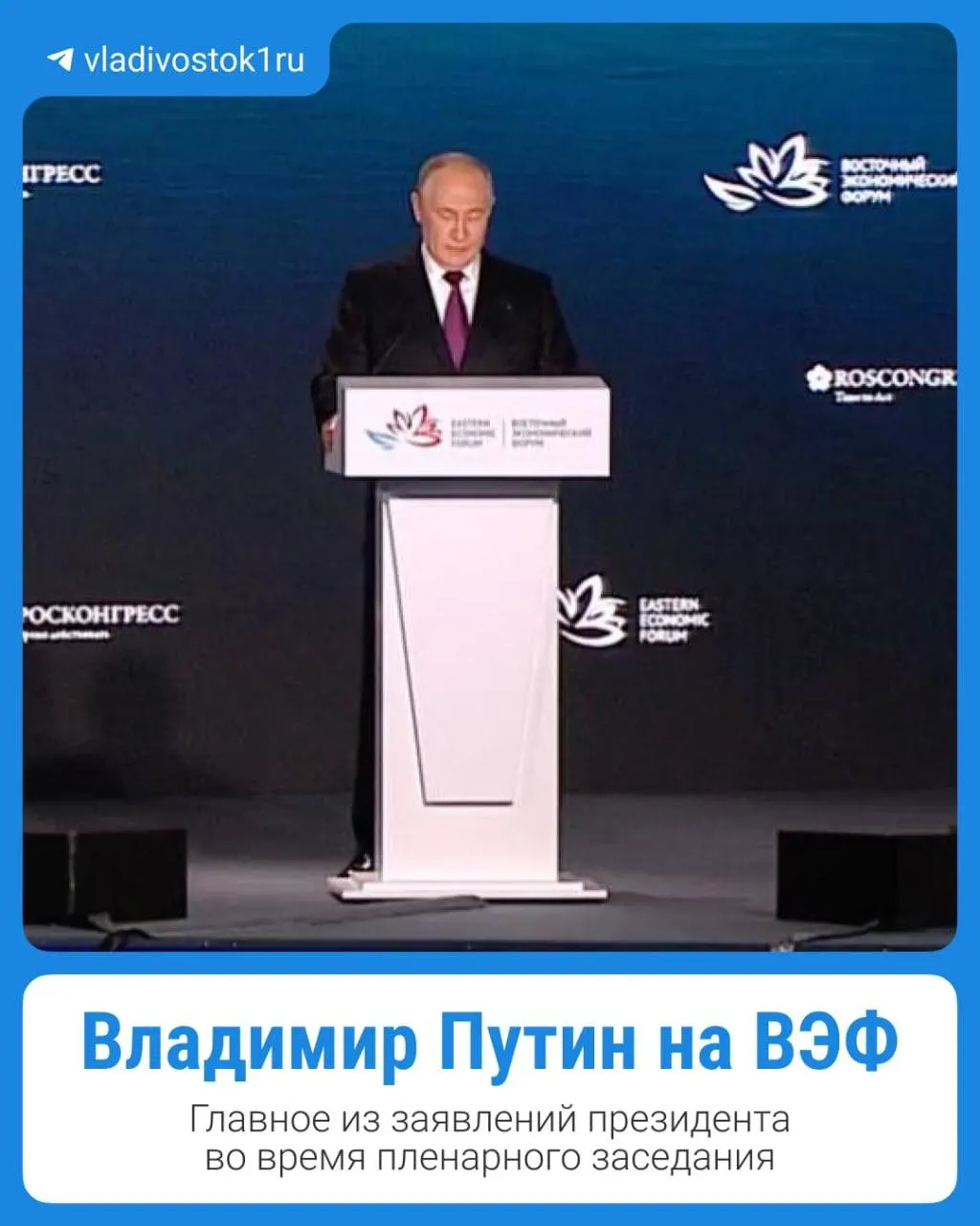 Главные тезисы выступления президента — в кратком обзоре карточек и фотоматериалов с форума во Владивостоке.