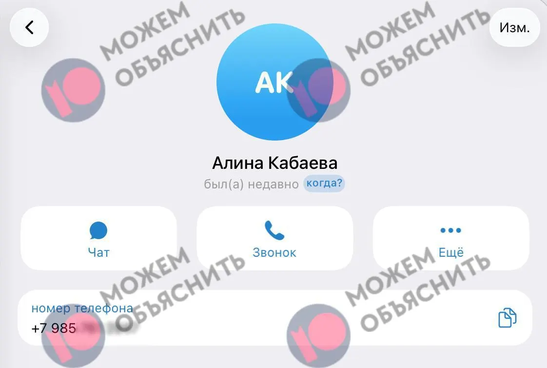 По данным утечек, номер, зарегистрированный в мессенджере, связан с аккаунтом Алины Кабаевой на Госуслугах и портале здравоохранения Москвы; упоминаются перебои в работе мессенджеров и связанные расследования.
